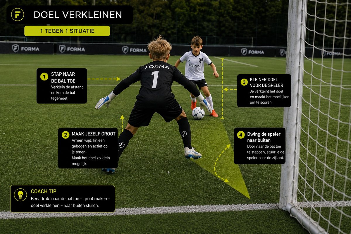Voorbeeld uit een training: de keeper verkleint het doel in een 1-tegen-1 situatie